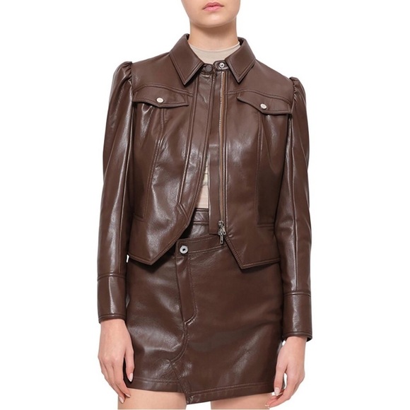 NWT Jonathan Simkhai Wyatt Vegan Leather Coffee Brown Puff Sleeve Jacket Size XS - Picture 2 of 10
